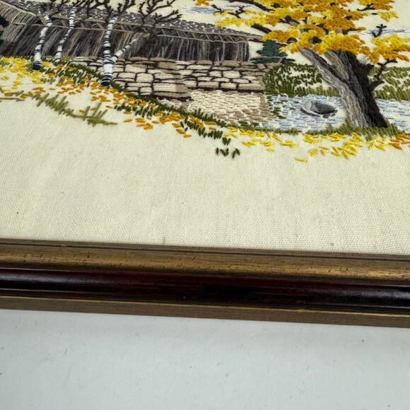 Vintage Covered Bridge Crewel Art Framed Embroidered Landscape Art Fall - Picture 3 of 8